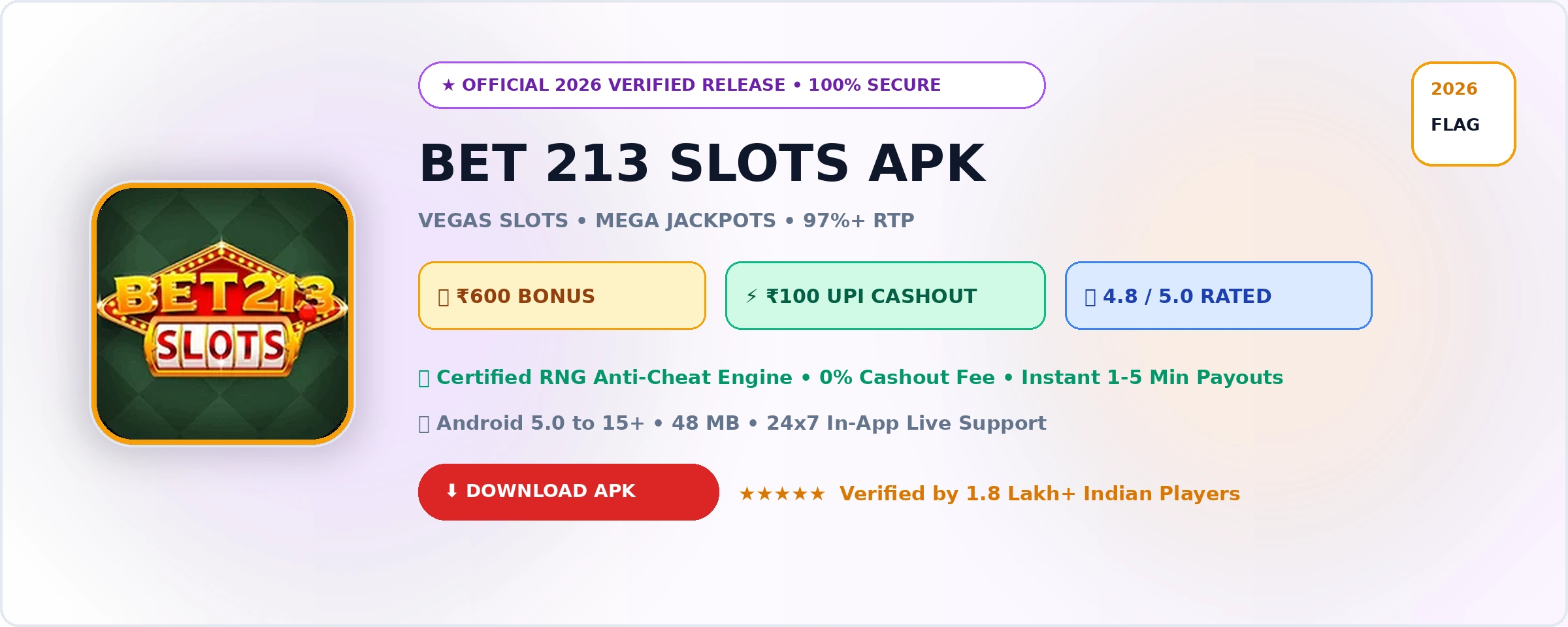 BET 213 Slots Official 2026 Game Banner